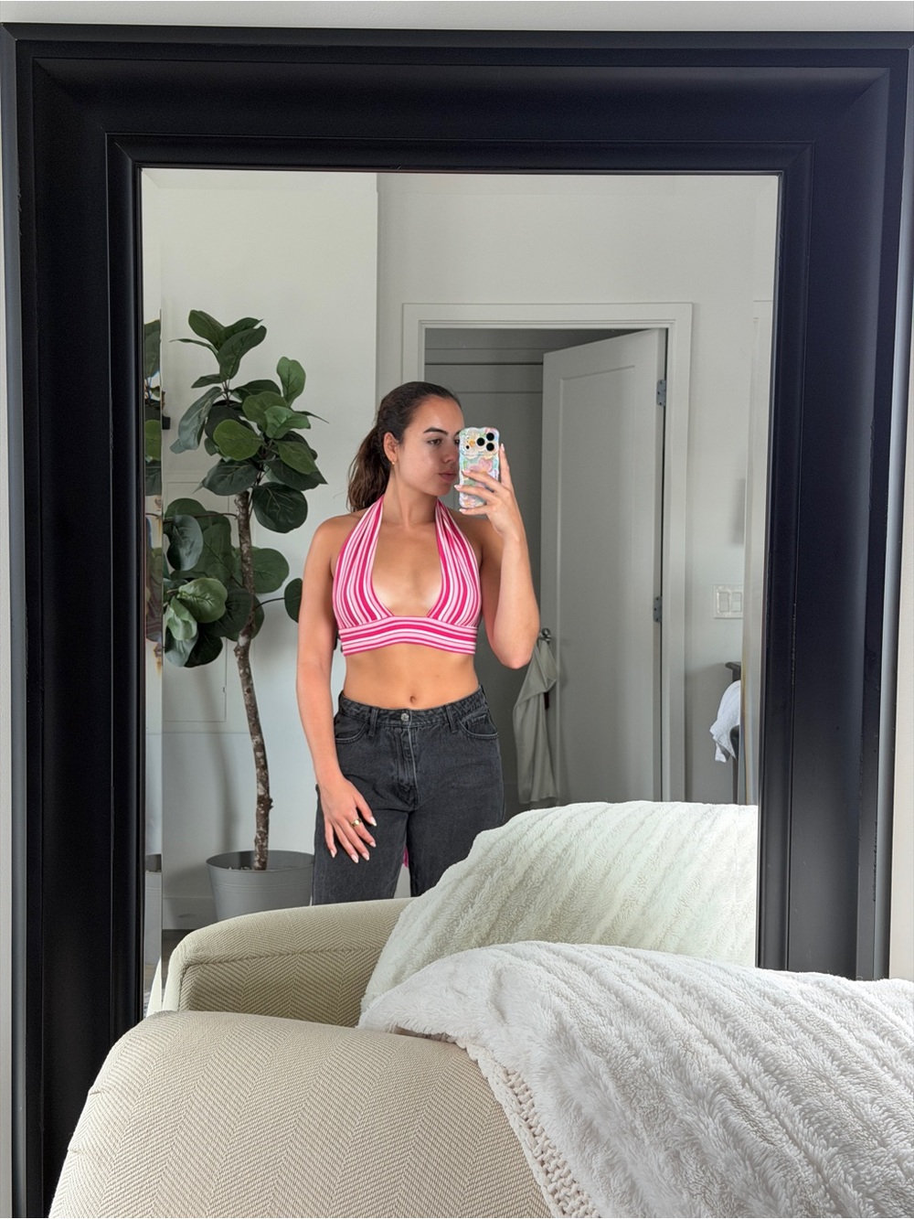 Pink Striped Halter Crop Top